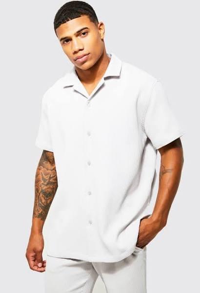 Mens Light Grey Pleated Short Sleeve Oversized Boxy Shirt