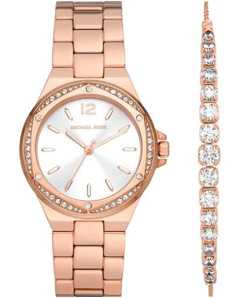 Michael Kors Lennox Rose Gold Watch Glitz Sterling Bracelet Gift Set MK1053