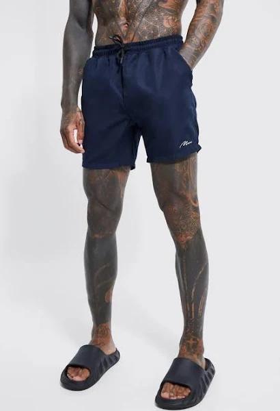 Mens Navy Man Signature Mid Length Swim Shorts