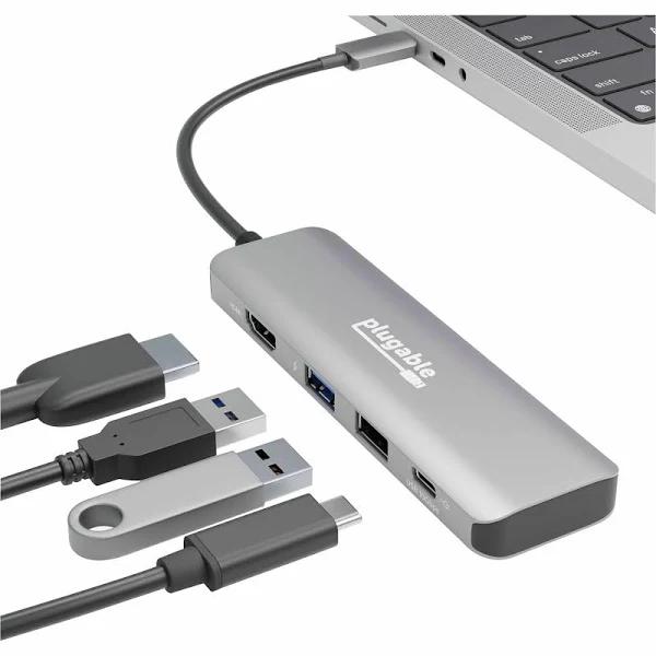 Plugable USB C Hub Multiport Adapter, 4 in 1, 100W Pass Through Charging, USB C to HDMI 4K 60Hz, Multi USB Port Hub for Windows, Mac, iPad Pro, Chrom