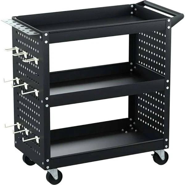 Giantz 3-Tier Tool Cart Storage Trolley Workshop Garage Pegboard Hooks Black