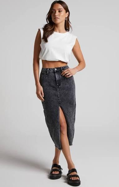 Janeve Midi Skirt - Front Split Denim Skirt in Black Acid Wash | Cyber Monday Sale