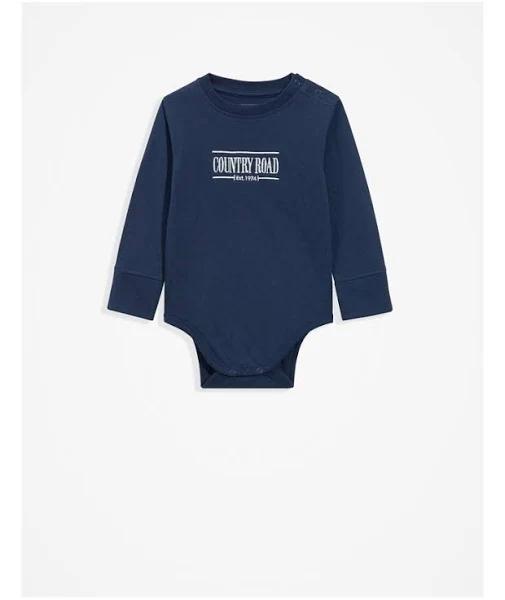 Country Road Girls Organically Grown Heritage Long Sleeve Bodysuit Navy in Size 3-6 Months | 100% Cotton