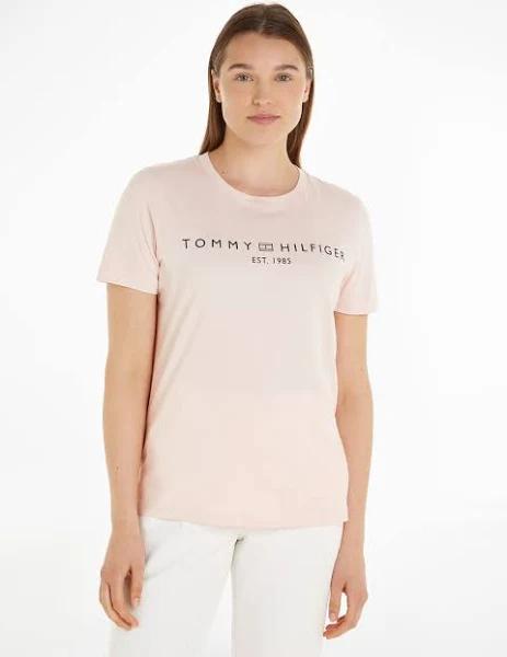 Tommy Hilfiger Signature Logo Flag Embroidery T-Shirt in Pink XS