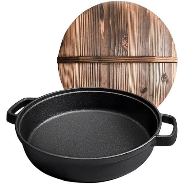 SOGA 33cm Round Cast Iron Pre Seasoned Deep Baking Pizza Frying Pan Skillet With Wooden Lid