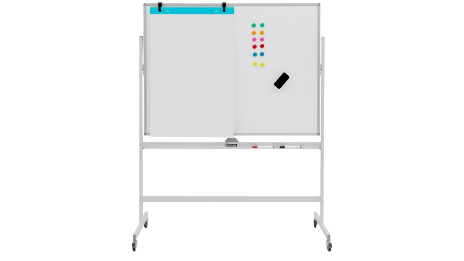Costway 120x90cm Magnetic Mobile Whiteboard Dry Erased Adjustable Board School Office w/Accessories, White