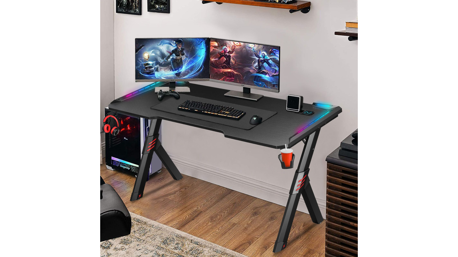 Gaming Desk Computer Office Racer Table 140cm RGB LED Carbon Fiber Wireless USB Charger