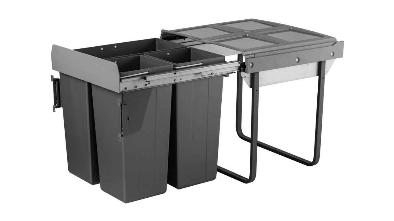 Elite Domestique 68L Triple Slide Out Concealed Waste Bin - for A 600mm Cabinet - Bottom Mounted - Includes Optional Door Bracket