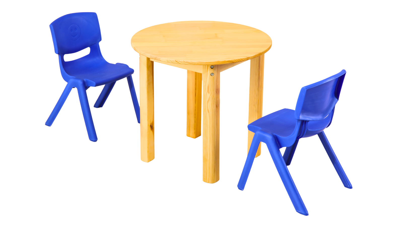 60cm Round Wooden Kids Table and 2 Blue Chairs Set Pinewood Timber Childrens Desk