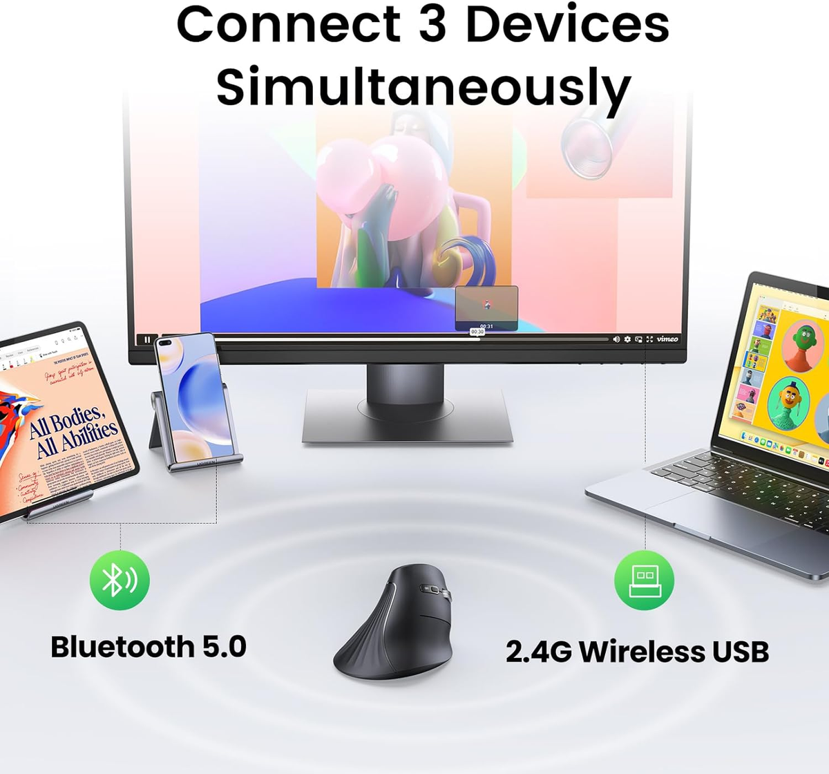 UGREEN Vertical Ergonomic Mouse, Bluetooth & 2.4G, Quiet Clicks, 5 Buttons, 4000 DPI Wireless Mouse 4 Adjustable DPI, Silent Mouse For Laptop, Mac,