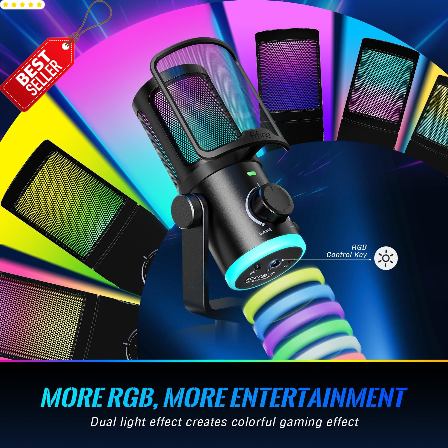 Fifine Gaming PC Microphone, USB Streaming Microphone with Game Chat Balance, Computer Condenser Desktop RGB Mic with Mute Button, Noise