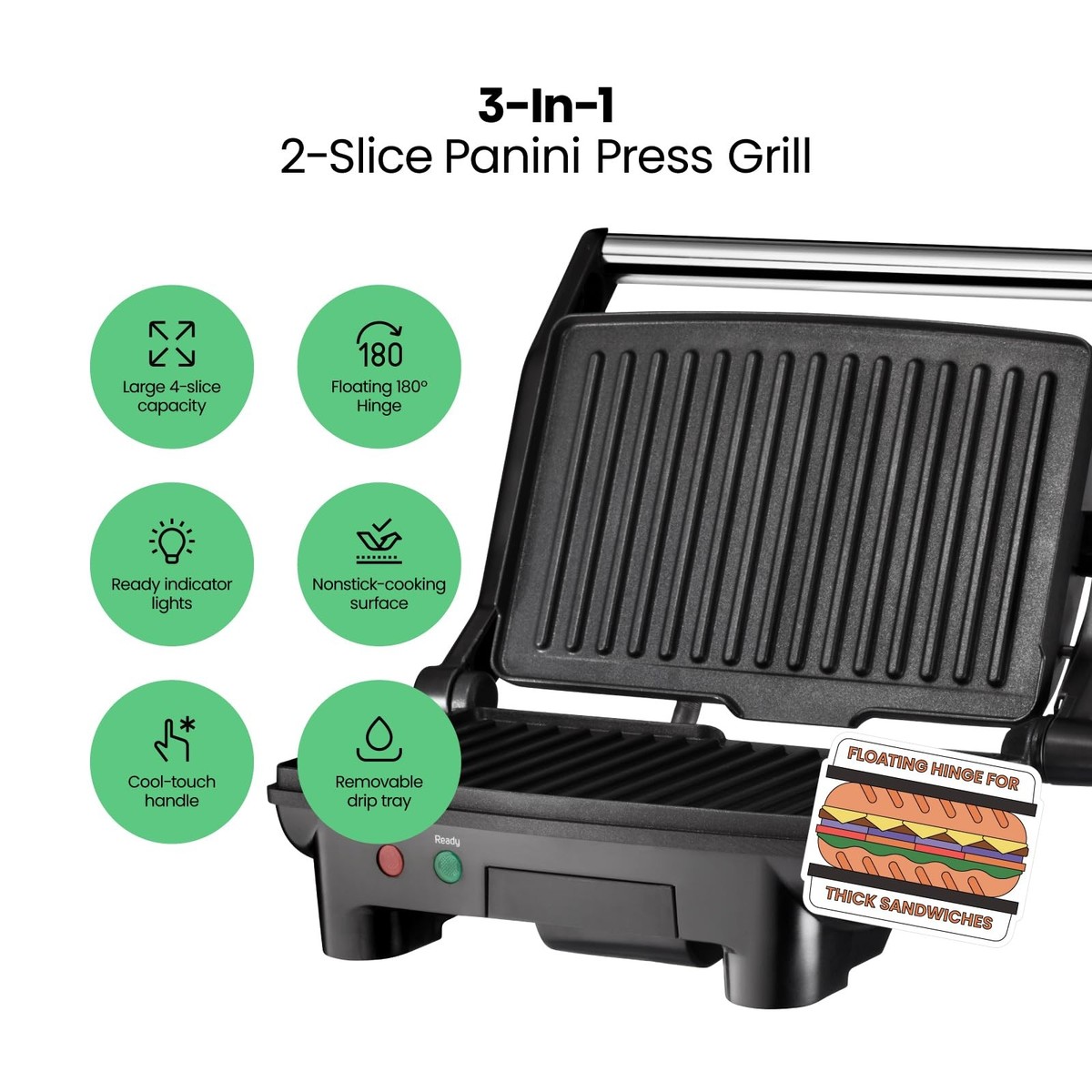 Chefman Panini Press Grill Nonstick Coated Plates That Open 180 Degr