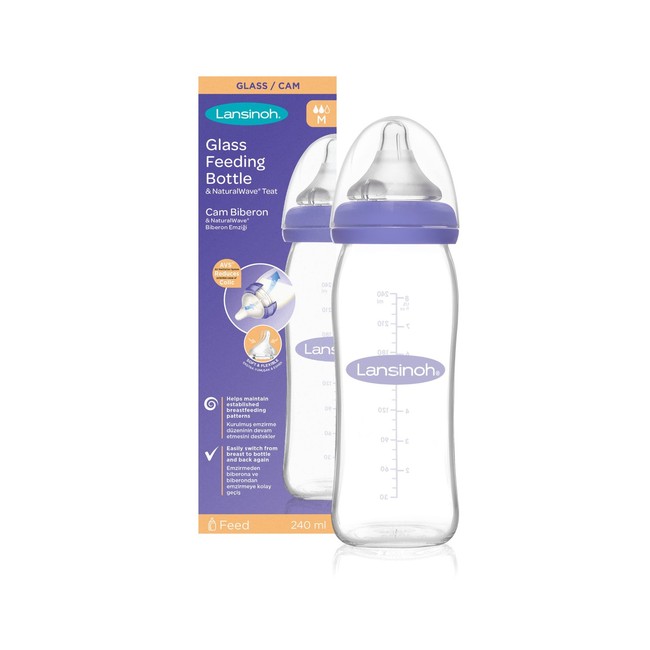Lansinoh Glass Feeding Bottle With NaturalWave Teat, 240 ml
