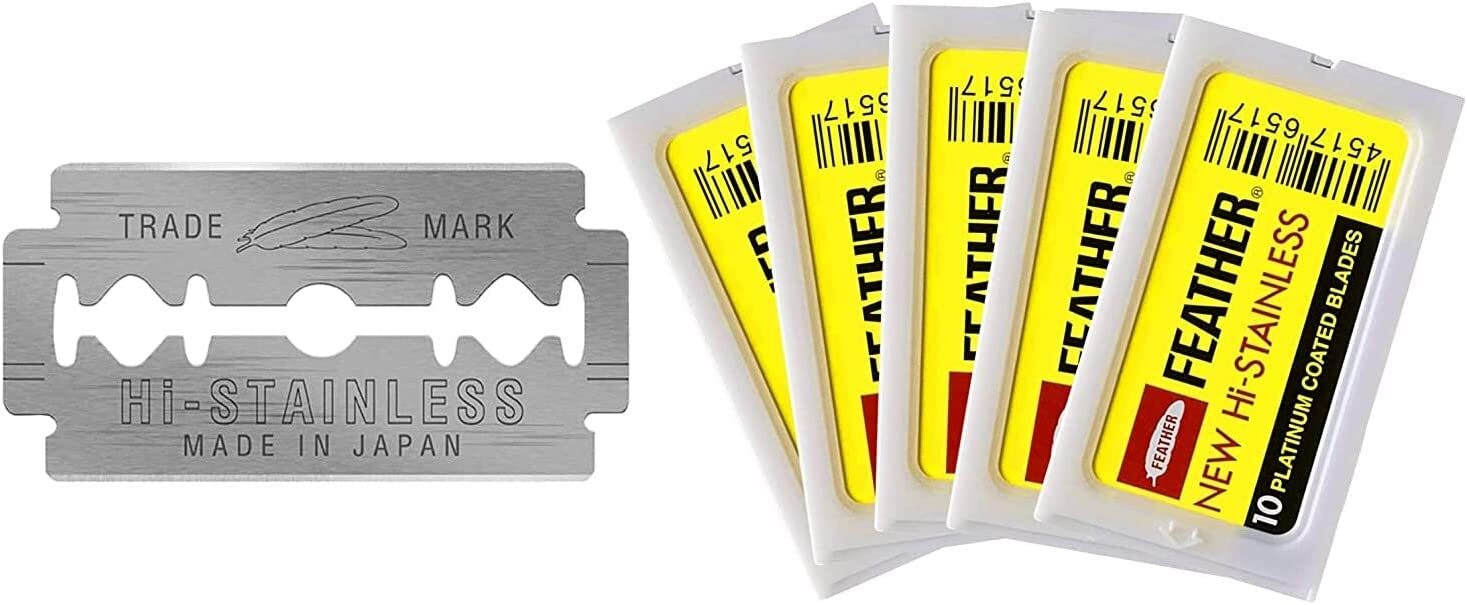 Feather Hi-Stainless Double Edge Platinum Coated Blades - 50 Blades