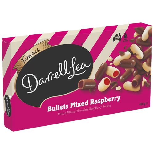 Darrell Lea Mixed White & Milk Choc Raspberry Liquorice Bullets 220g