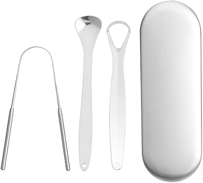 3 Pcs Stainless Steel Tongue Scraper with Case, U-Shaped, Hollow, Spoon Scraper Stainless Steel Cleaner