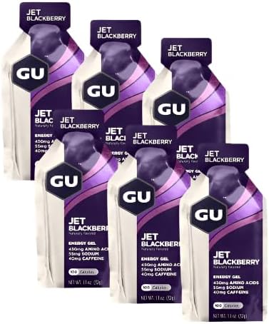 GU Energy Gels | Endurance Sports Nutrition | Aid Station Jet Blackberry (with caffeine) / Pack of 6