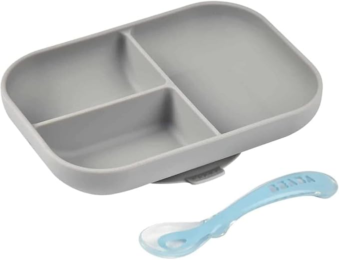 Beaba Silicone Suction Divided Plate & Spoon - Grey