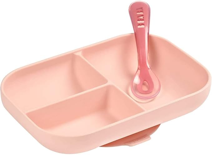 BEABA Divided Silicone Plate and Spoon Set, Pink