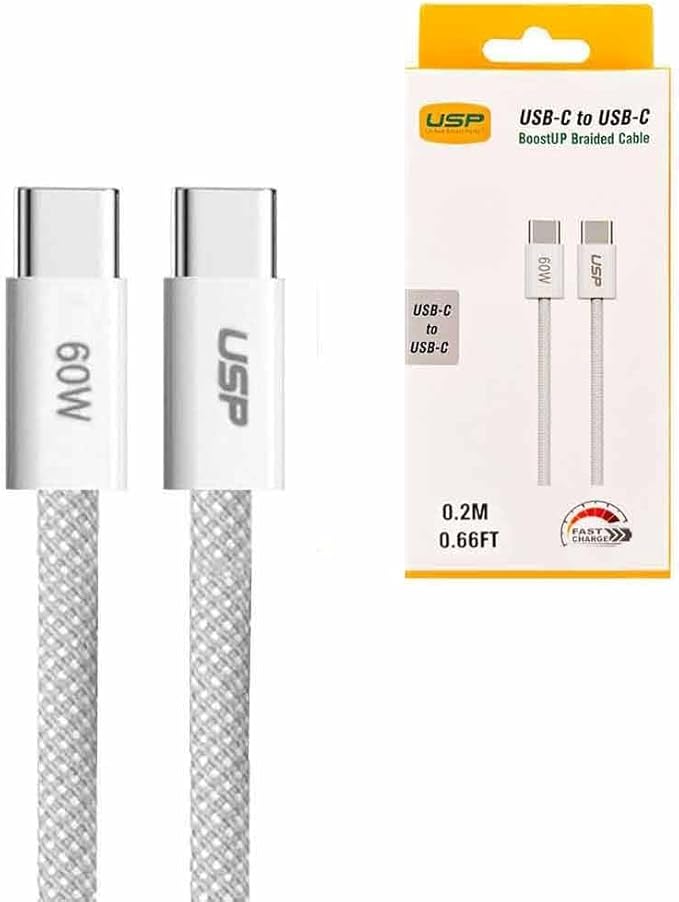 USP USB-C to USB-C PD 60W High Density Braided Fast Charging Cable (0.2M)
