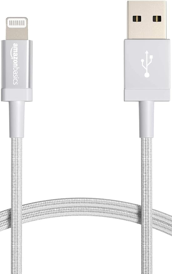 Amazon Basics Nylon USB-A to Lightning Cable Cord, MFi Certified Charger For Apple iPhone 14 13 12 11 x XS Pro, Pro Max, Plus, Ipad, Silver, 0.9m