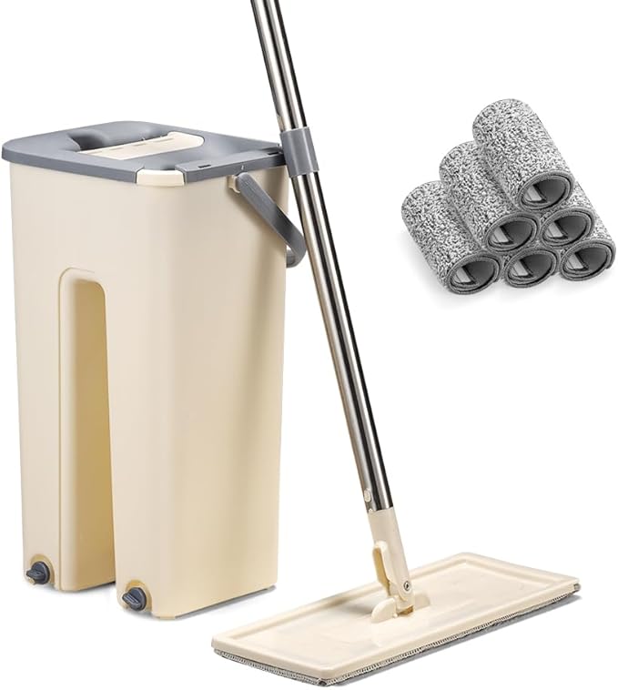 ZUNI Flat Mop and Bucket Floor Mop Cleaner Set Wet Dry w/ 6 Heads