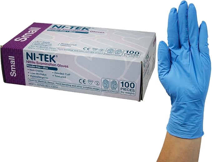 Ni-Tek Nitrile Examination Gloves, Long Cuff 300mm, AS/NZ Standard, Powder Free, EN374, Small, Blue, HACCP Grade, 100/Box