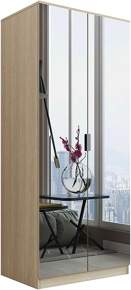 Mirrored 2 Door Oak Wardrobe Dresser with 2 Drawers 3 Storage Shelves Cabinet Closet