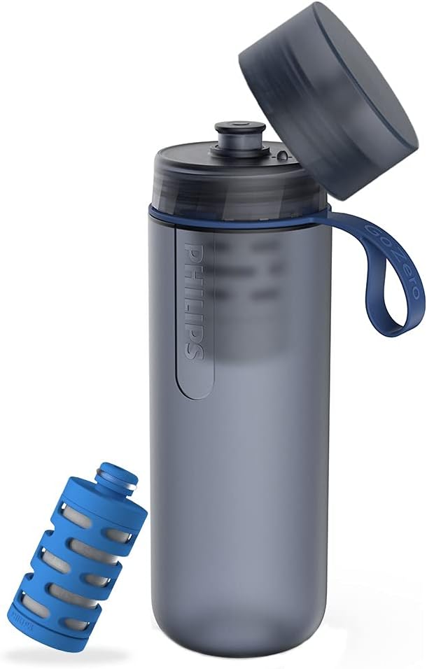 Philips GoZero Active Bottle With One Fitness Filter, Squeeze Hydration Bottle, Filtering Water Bottle, Improving Tap Water Taste Blue