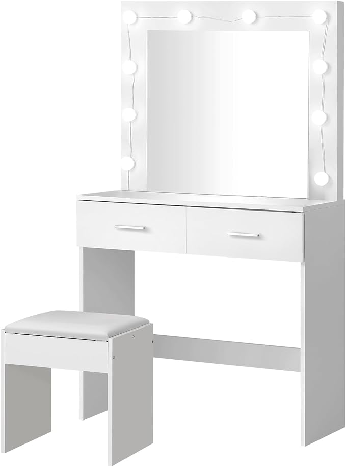 Oikiture Dressing Table Stool Set Makeup Mirror Storage Desk 10 Led Bulbs White