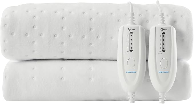 Rhein Home Dual Control Washable Electric Blanket King Size | Fitted Heated Underblanket With Overheat Protection | Electric Bed Warmer With 4 Heat