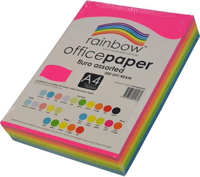 Rainbow Coloured A4 Copy Paper 75gsm 500 Sheets Fluro Assorted
