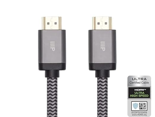 Monoprice 8K Certified Ultra High Speed HDMI Cable - Braided - 8K@60Hz, 4K@120Hz, 48Gbps, HDR, VRR, CL2 In-Wall Rated, 25ft, Black