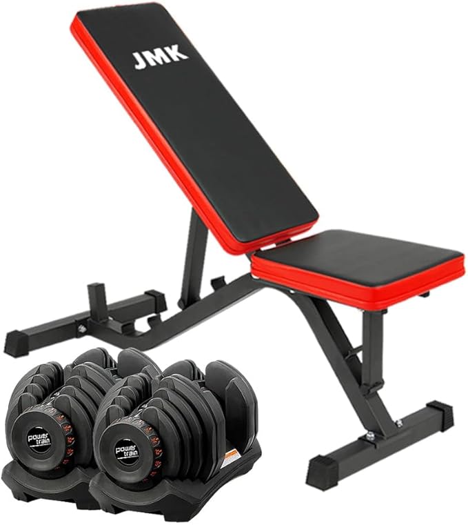 2x 40kg Powertrain Adjustable Dumbbells and Stand Home Gym w/ Bench