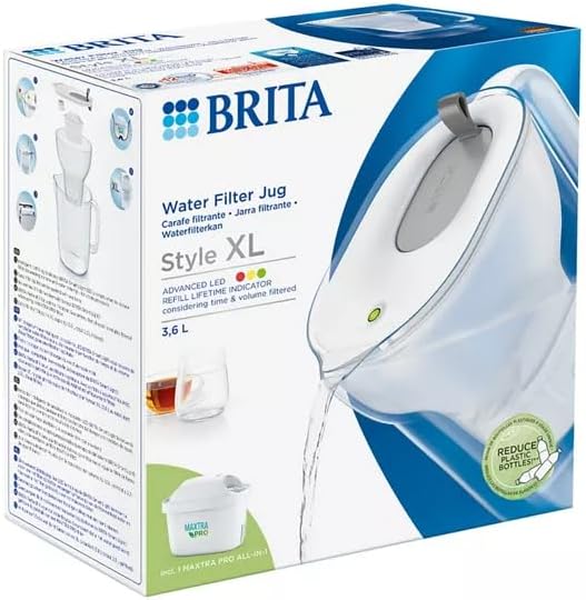Brita Style XL Water Filter Jug Grey (3.6L) incl. 1x Maxtra Pro All-in-1 Cartridge - Large Volume Design Jug with Smart LED-LTI and Flip-Lid