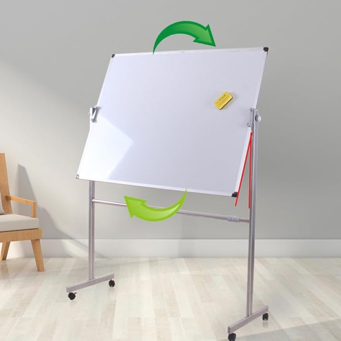 Large Double-Sided Magnetic Whiteboard with Stand - 360° Rotating, Dry Erase White Board Easy Write, Height Adjustable, Mobile On Wheels for