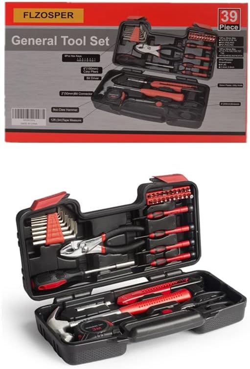 39-Piece General Tool Set-Essential Household Hand Tool Kit With Portable Toolbox Storage Case (Red)