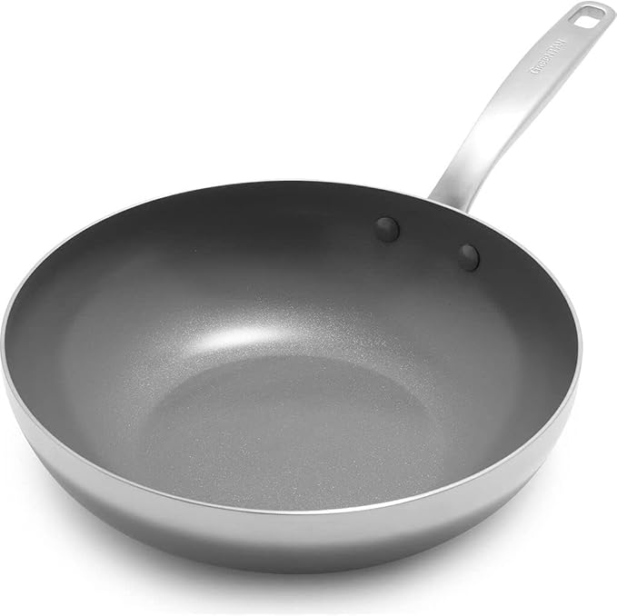 GreenPan Chatham Tri-Ply Stainless Steel Healthy Ceramic Nonstick 28cm Wok Pan, PFAS-Free, Multi Clad, Induction, Dishwasher Safe, Oven Safe, Silver