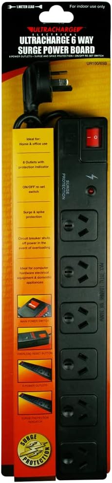 Ultracharge 6 Socket Surge Power Board - Black