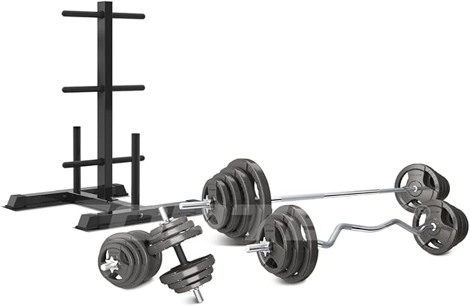 Cortex 90kg Tri-Grip 25mm Standard Barbell Weight Set with Weight Tree