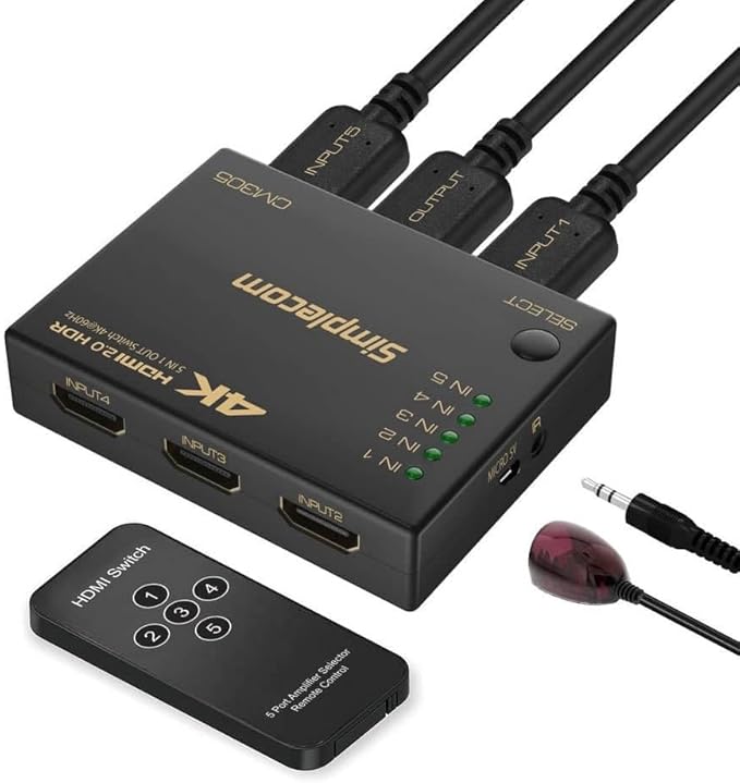 Simplecom CM305 Ultra HD 5 Way HDMI Switch 5 in 1 Out Splitter 4K@60Hz