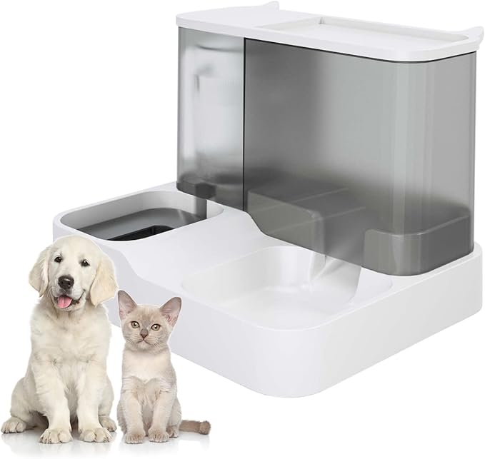 Pet Food Feeder and Water Dispensers Gravity Automatic For Dogs Cats (Grey)