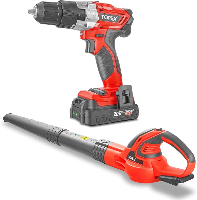 TOPEX 20V Cordless Drill Leaf Blower Power Tool Combo Kit w/ Battery