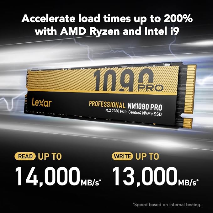 Lexar 4TB NM1090 PRO SSD PCIe Gen5 NVMe M.2 2280 Internal SSD, Up to 14,000/13,000 MB/s Read/Write, Advance Thermal Control Design, DirectStorage 