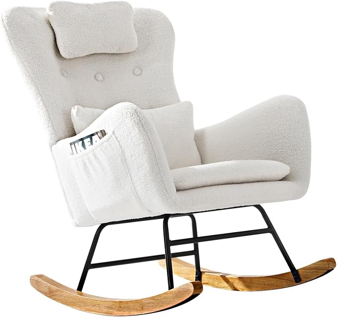 Oikiture Rocking Chair Nursing Armchair Sherpa Accent Chairs With 2 Pillow White