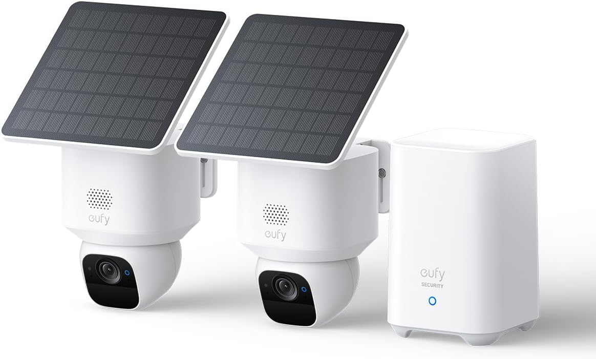 eufy eufyCam Solo E30, Pack of 2 Solar Surveillance Camera with HomeBase S280, 360° Pan, AI Tracking, 2K Quality, Wireless, eufy Outdoor Security 