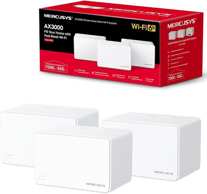 MERCUSYS Halo H80X(3-Pack) AX3000Mbps Mesh WiFi 6 System, Gigabit Ports, TP-Link WiFi Mesh System, WiFi Router, WiFi Extender Booster, 7,000ft²(650 m²
