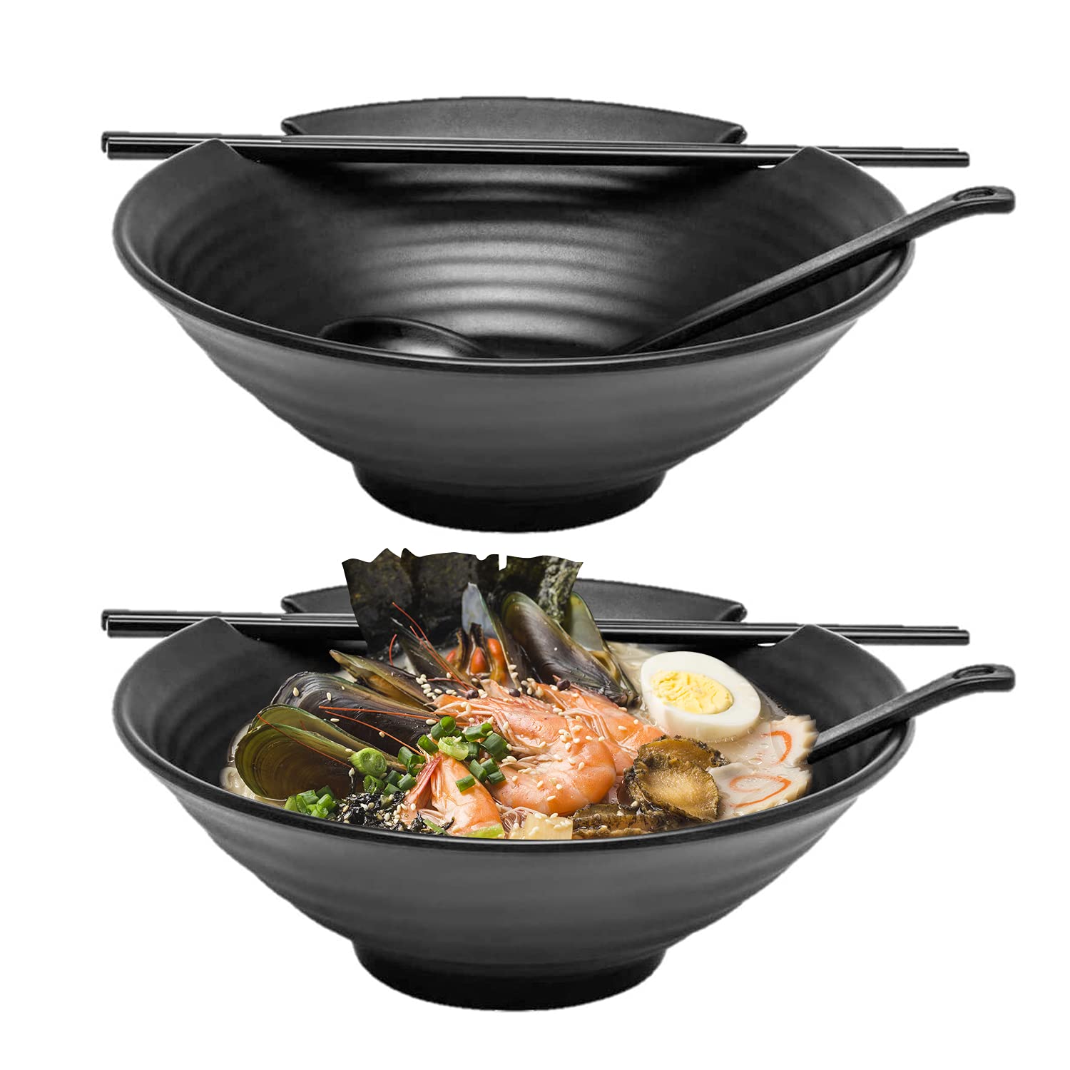 2 x Ramen Bowl Set (Black Melamine), 6pcs Japanese Style Soup Bowls