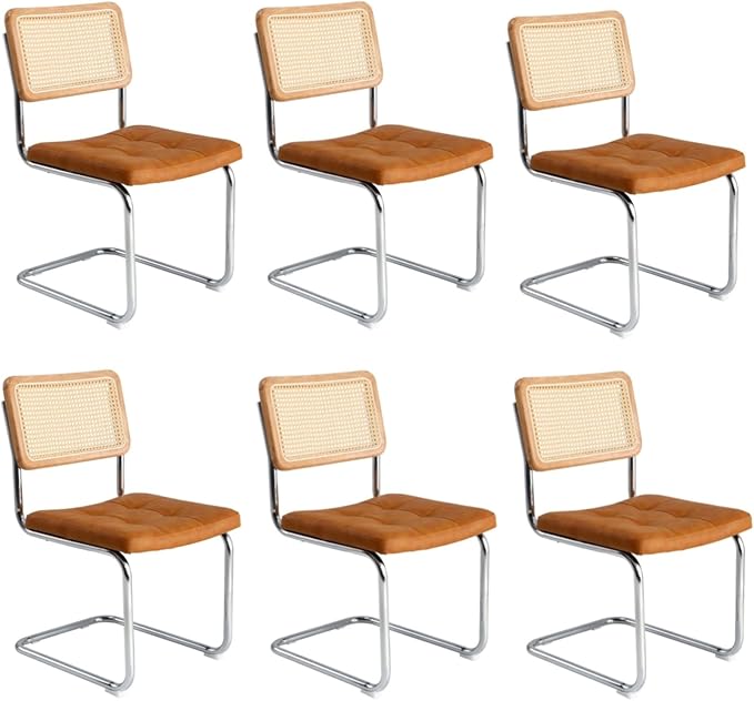 Oikiture 6x Rattan Dining Chair Cesca Replica Cantilever PU Leather Padded Brown