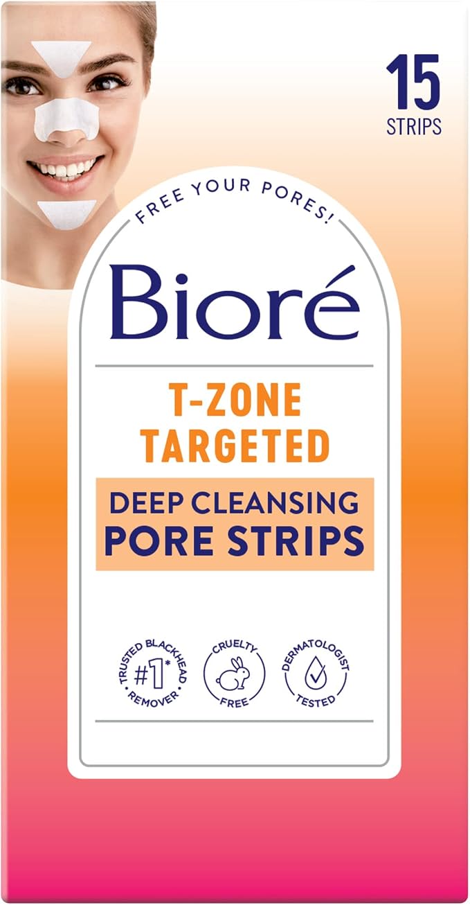 Bioré T-zone Targeted Deep Cleansing Blackhead Remover Pore Strips, 5 Nose + 5 Face + 5 Chin Strips, 15 CT